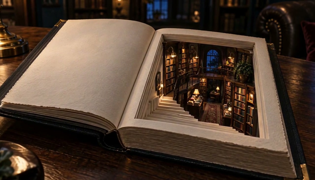 本の中に書斎が広がる映像作品